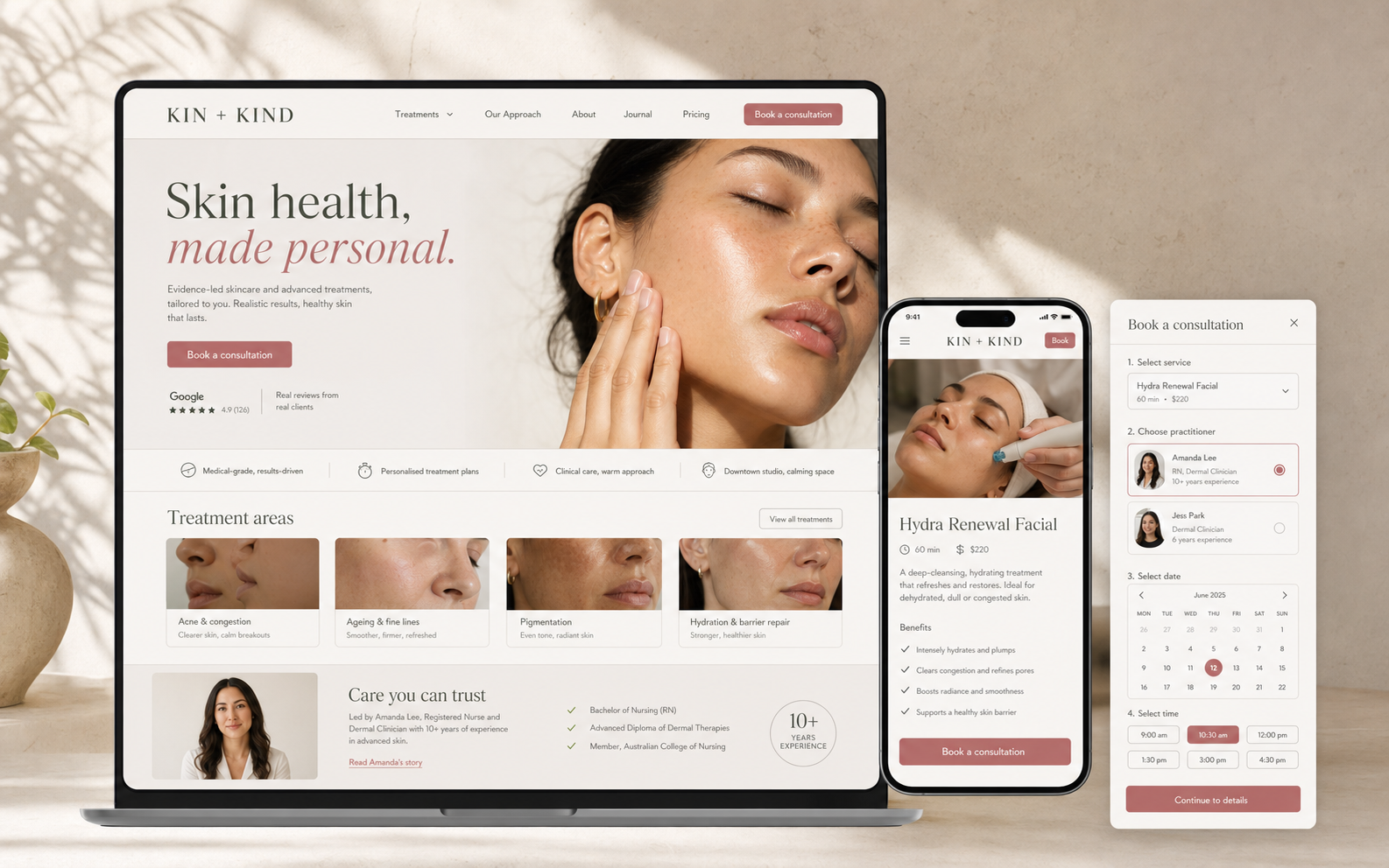 KIN and KIND skincare clinic website and consultation booking journey