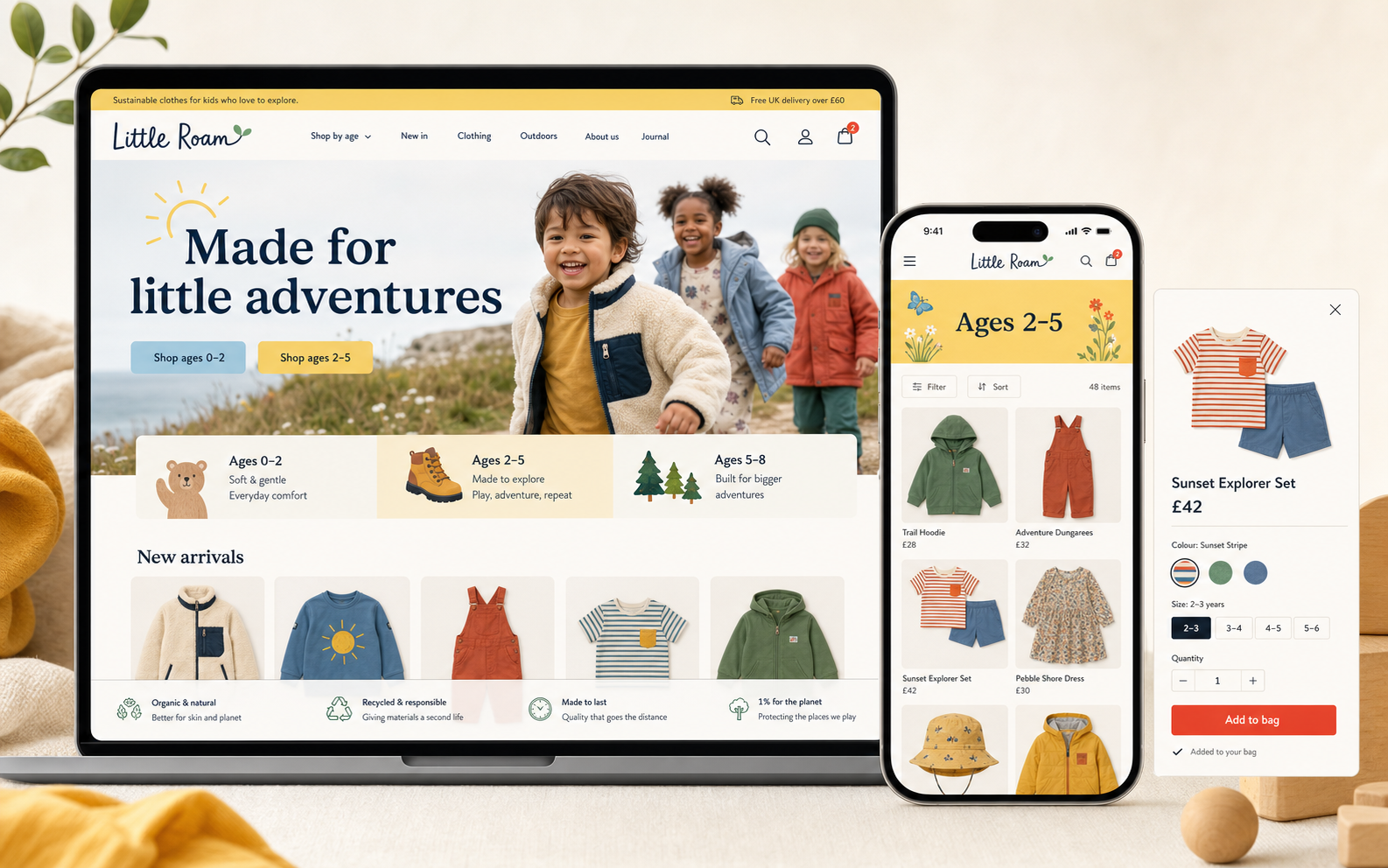 Little Roam sustainable children's clothing ecommerce website