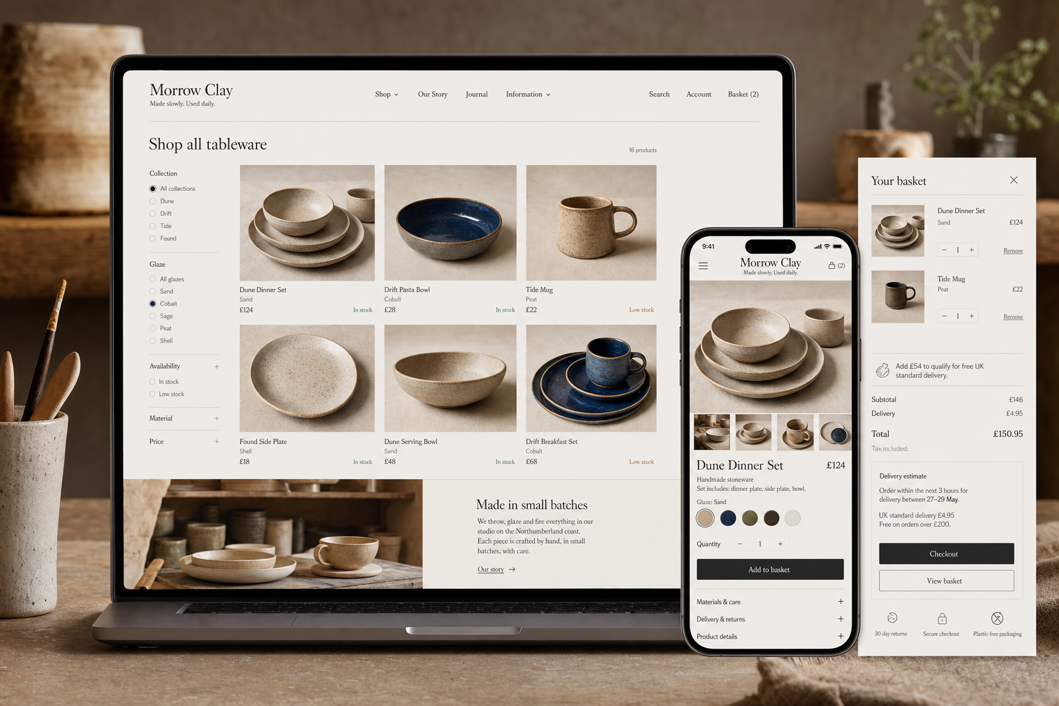 Morrow Clay handmade ceramics ecommerce website