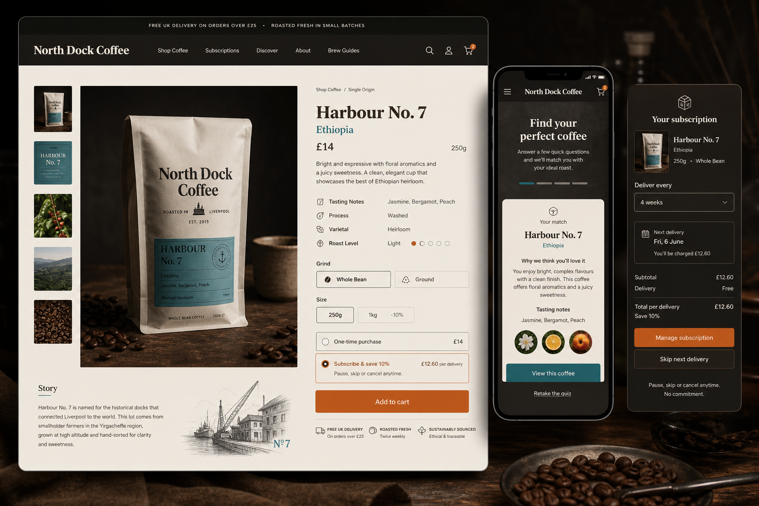 North Dock Coffee subscription ecommerce website