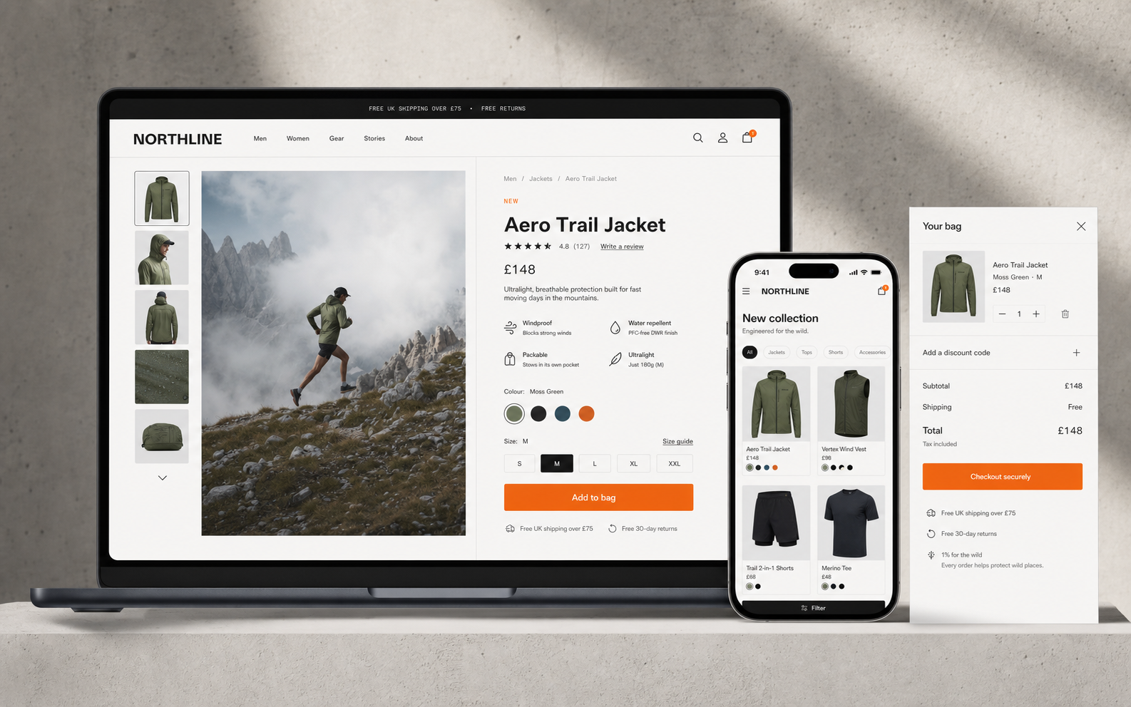 NORTHLINE outdoor apparel ecommerce website across desktop and mobile