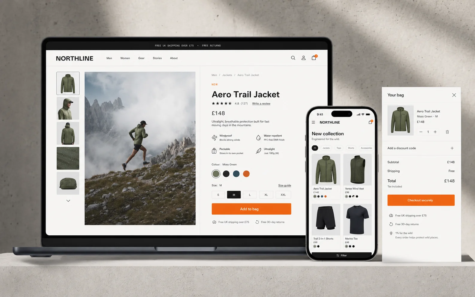NORTHLINE outdoor apparel ecommerce website across desktop and mobile