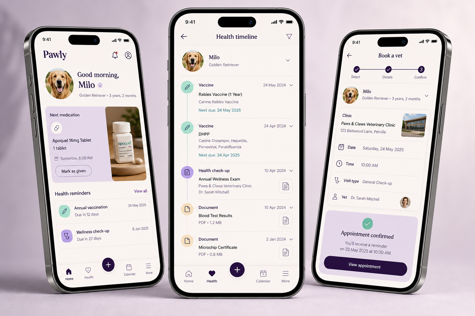 Pawly pet health and veterinary appointment mobile app screens