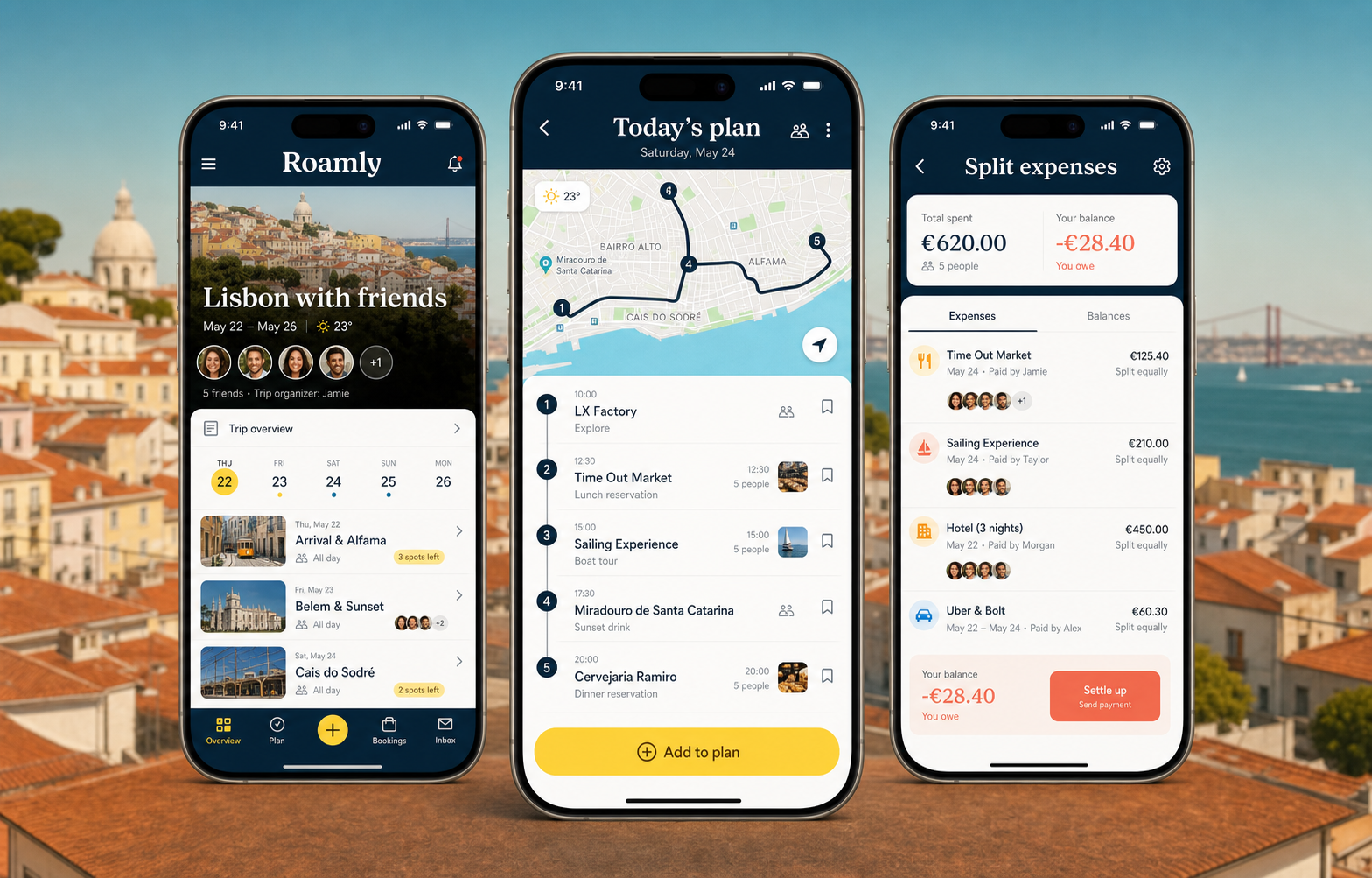 Roamly collaborative travel planner mobile app screens